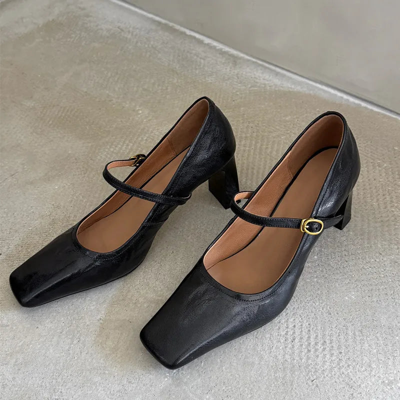 LIZAKOSHT  -  Fashion Pumps New High Quality True Leather Square Head Shallow Mouth High Heels Mary Jane Shoes Commuter Women's Shoes