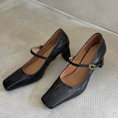 LIZAKOSHT  -  Fashion Pumps New High Quality True Leather Square Head Shallow Mouth High Heels Mary Jane Shoes Commuter Women's Shoes