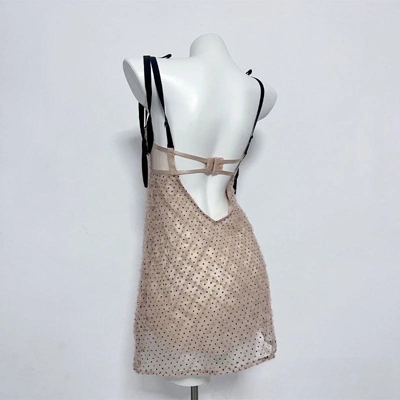 LIZAKOSHT  -  Fashion Women Dress High Quality Polka Dot Nightdress Sexy Mesh Bow Bodycon Vintage Dresses vestidos Wedding Night Dress