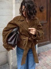 LIZAKOSHT  -  Retro Brown Lace Up Shorts Suede Jacket Elegant Female Lapel Long Sleeves Slim Coats Autumn Chic Lady High Street Outwear