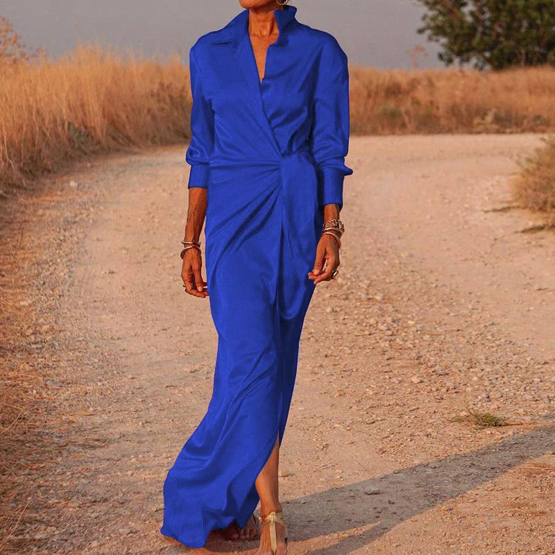 LIZAKOSHT  -  Casual Office Lapel V Neck Maxi Dresses Spring Women Long Sleeve Solid Shirts Dress Elegant Lady Lace Up Split Slim Long Dresses