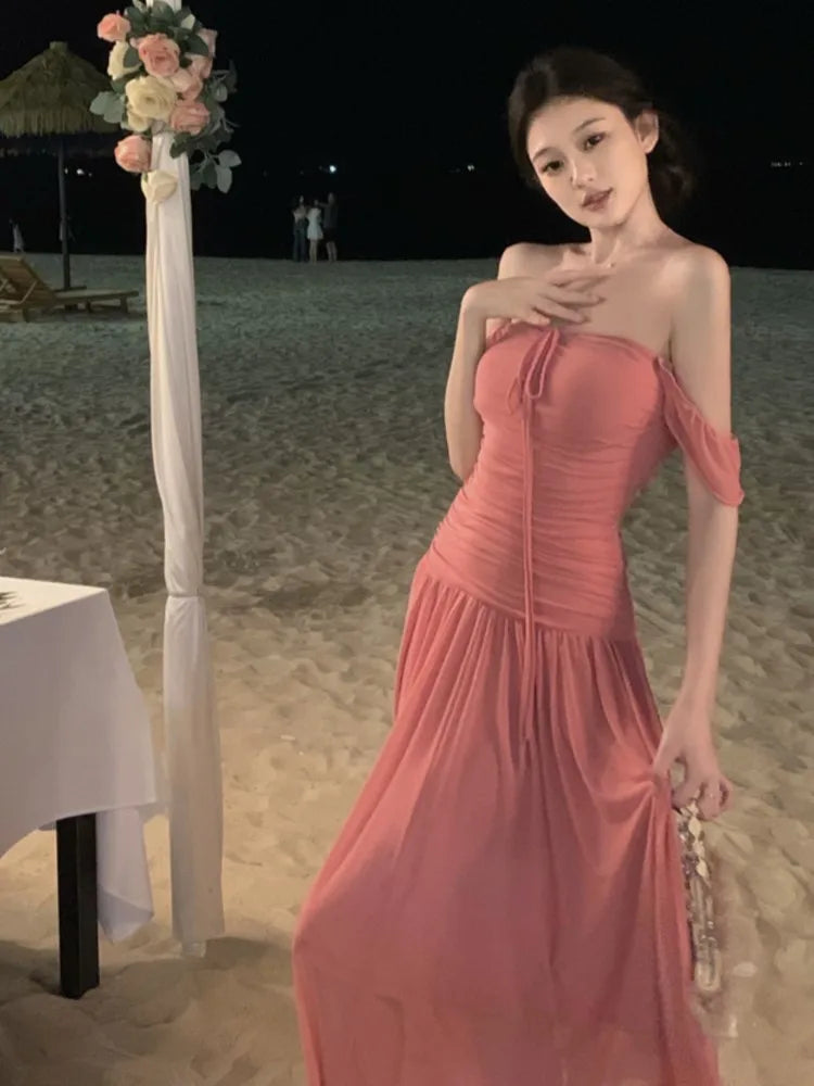 LIZAKOSHT  -  Summer Elegant Slim Beach Dress Korean New Tide One-piece A-line Shot Sleeve Sundress Women Fairy Pink Vestidos Mujer Clothes