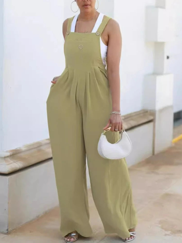 LIZAKOSHT  -  Solid Color Wide Leg Trendy Romper with Pockets 2025 New in Summer Fashion Trend Women's Casual Minimalist Suspenders Jumpsuit