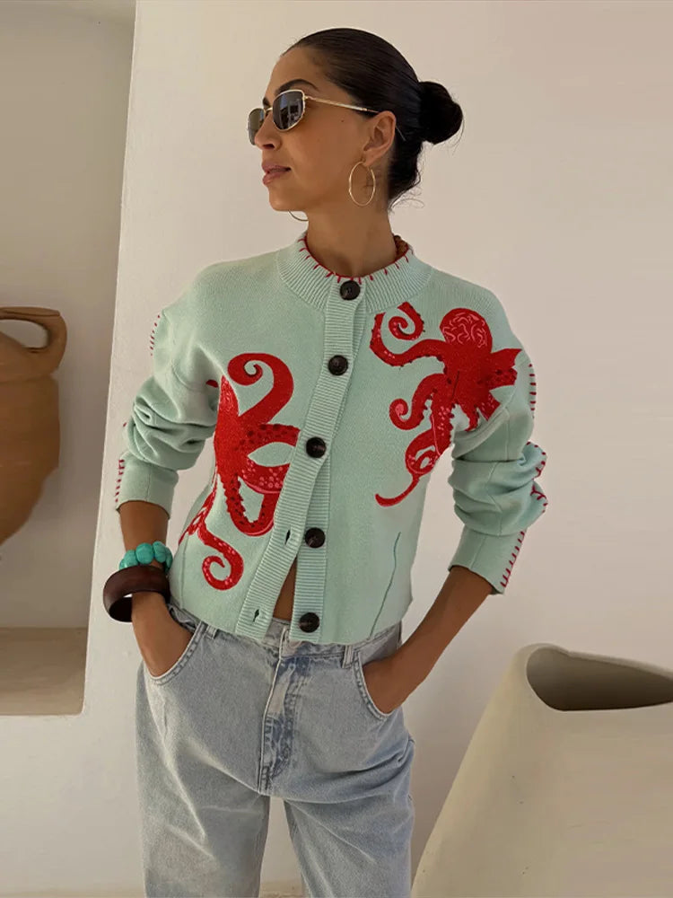 LIZAKOSHT  -  O-Neck Single Breasted Octopus Cardigan Woman Long Sleeve Loose Stitch Short Knit Jackets Casual Versatile Women's New Cardigans