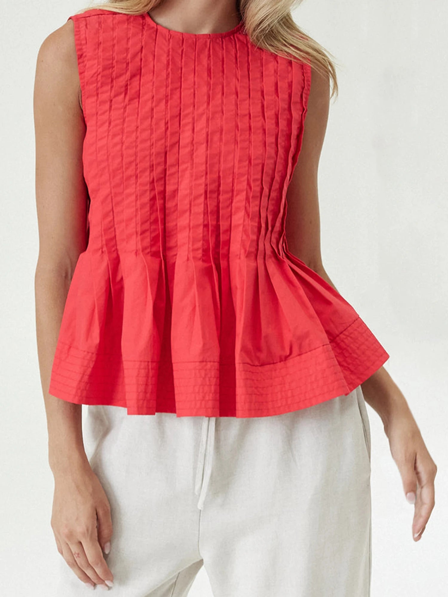 LIZAKOSHT  -  Women s Sleeveless Pleated Tank Top with Round Neck and Ruffled Hem - Solid Color Casual Summer Streetwear Shirt