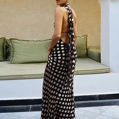 LIZAKOSHT  -  Elegant Hanging Neck Backless Off-shoulder Polka Dot Chiffon Slimming Irregular Long Dress Party Vacation Clothes For Women