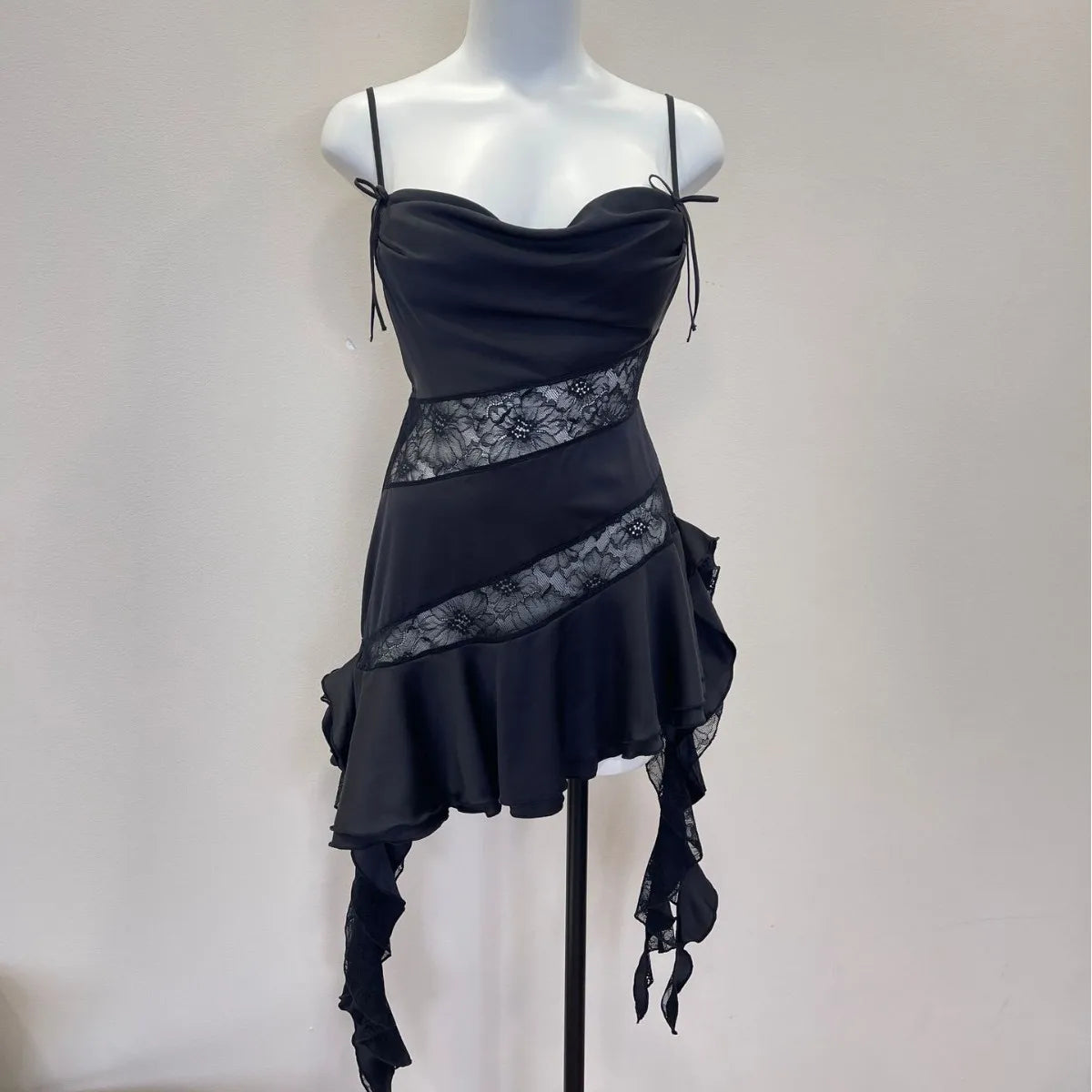 LIZAKOSHT  - Vintage Nightgowns Women's Sleepwear Swinging Lace Splicing Suspender Nightdress Irregular Design Thin Satin Dress Dream Blue