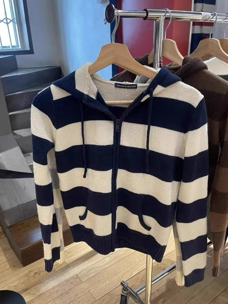 LIZAKOSHT  -  Casual Women Zip-up Striped Knit Cardigan Autumn Vintage Ladies Pocket Hooded Sweaters Female Chic Long Sleeve Tops