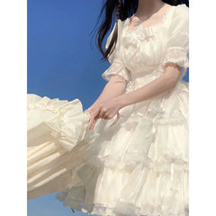 LIZAKOSHT  -  Japanese Sweet Lolita Dress Summer OP Fairy Birthday Dress Cos Flower Wedding Loli Tea Party Short Sleeve Cute Girl Clothing