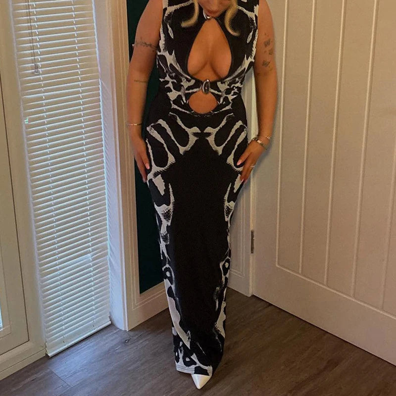 LIZAKOSHT  -  Summer Aesthetic Snake Printing Long Dress Sleeveless Hollow Out Slimming Fit Women Midnight Club Fashion Vestidos