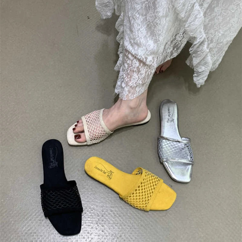 LIZAKOSHT  -  Summer Hollow Out Women Slippers Concise Open Toe Soft Sole Flats Slide Ladies Outdoor Dress Sandalias