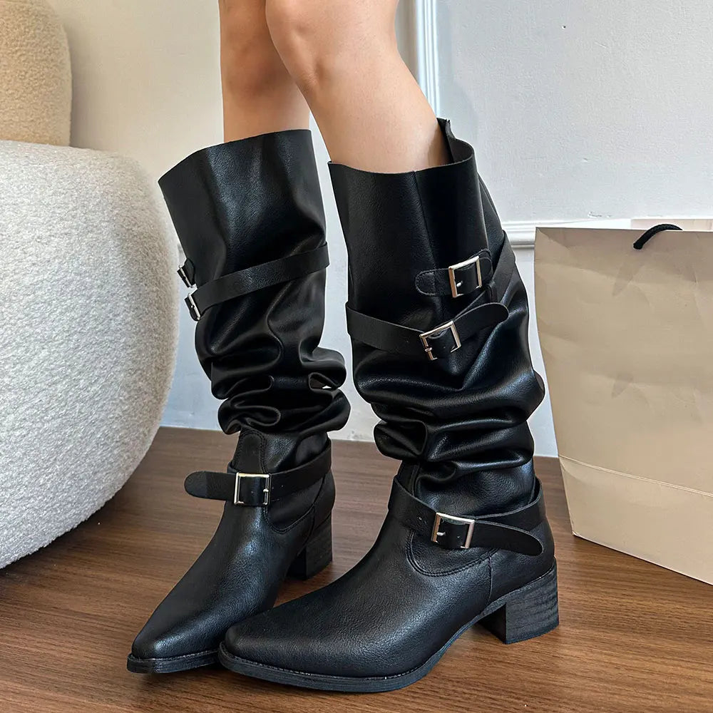 LIZAKOSHT  -  Wasteland Vintage Suede Wide Legs Cowboy Boots Women Retro y2k Western Boots Belt Strap Knee High Boots Shoes Square Heels