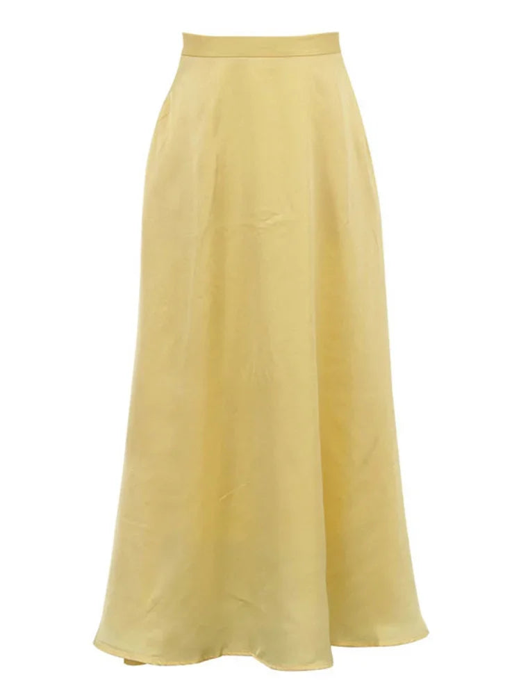 LIZAKOSHT  -  Satin Yellow Maxi Skirt for Women – High Waist Slim Fit Pocket Design Draped Silky Long Skirt Elegant Summer Outfit