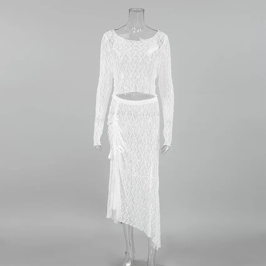 LIZAKOSHT  -  Sexy and Transparent White Lace Set for Women 2025 Summer Niche Long Sleeve Dress Set