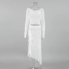 LIZAKOSHT  -  Sexy and Transparent White Lace Set for Women 2025 Summer Niche Long Sleeve Dress Set