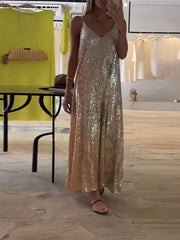 LIZAKOSHT Women Flower Print Sequins Maxi Dress Fashion Summer Sleeveless A-line V-neck Vestidos Female Elegant Vacation Beach Long Robe