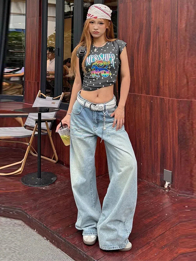 LIZAKOSHT  -  Women's Jeans Vintage Printed High Waist Zipper Pockets Straight Leg Trousers Female Spring Fashion Woman Clothes Outwears