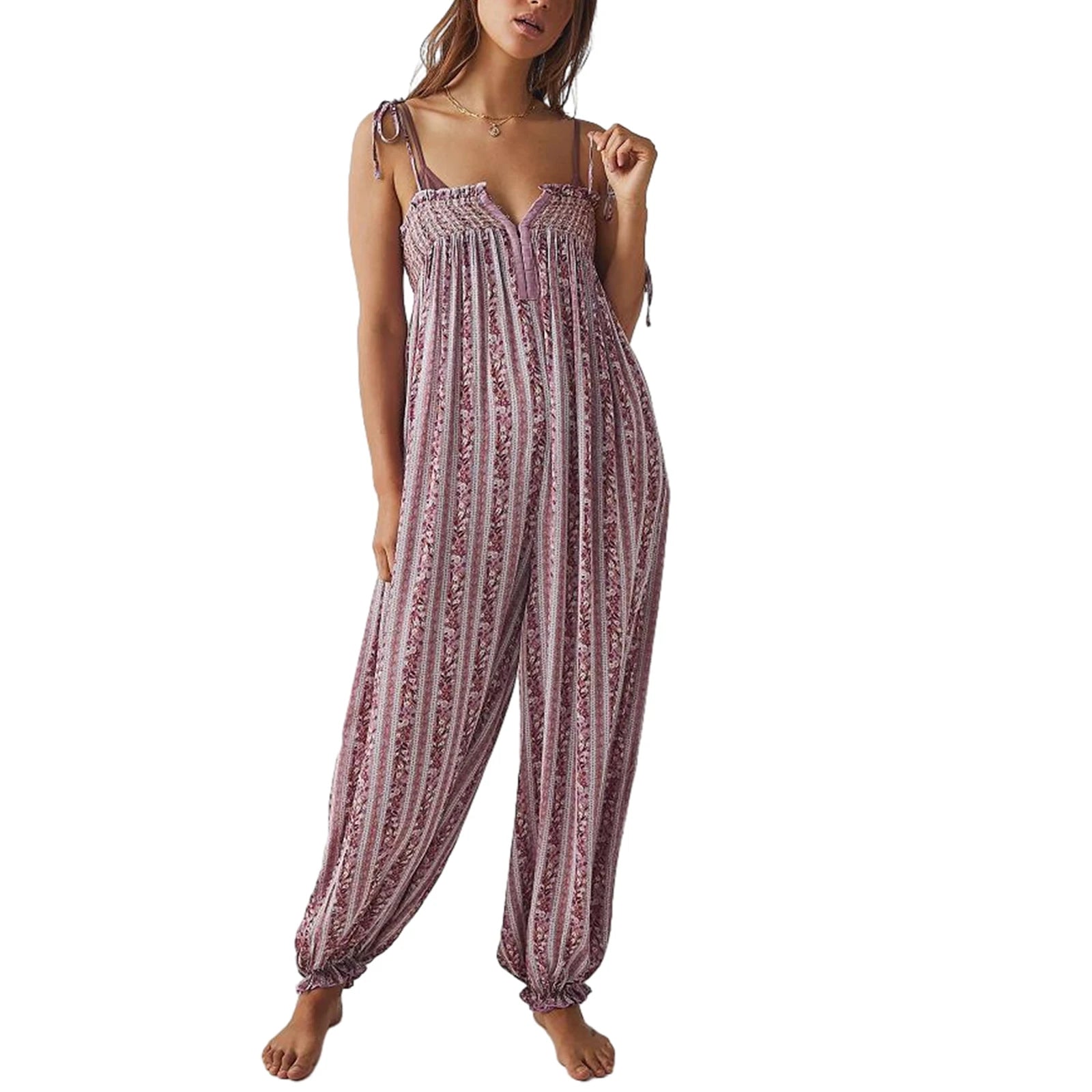 LIZAKOSHT  -  Women Summer Cami Jumpsuits Retro Floral Print Tie-Up Spaghetti Strap Sleeveless Long Rompers Fashion Loose Playsuits