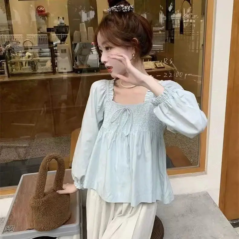 LIZAKOSHT  -  Autumn Mushroom Edge Square Neck Chiffon Long Sleeve Blouse for Women Autumn New Fashionable Unique Puff Sleeve Short Top
