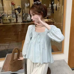 LIZAKOSHT  -  Autumn Mushroom Edge Square Neck Chiffon Long Sleeve Blouse for Women Autumn New Fashionable Unique Puff Sleeve Short Top