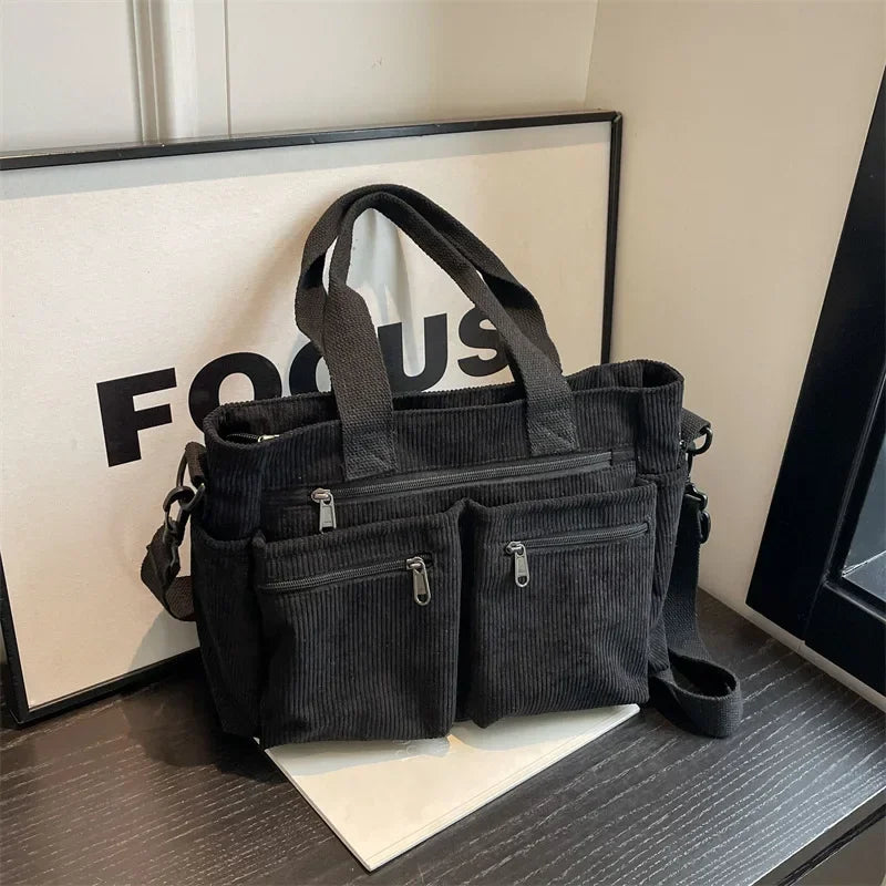 LIZAKOSHT  -  Large Capacity Corduroy Women Crossbody Bags Classic Korea Style Elegant Shoulder Bag Traveling Multilayer Thick Handbag
