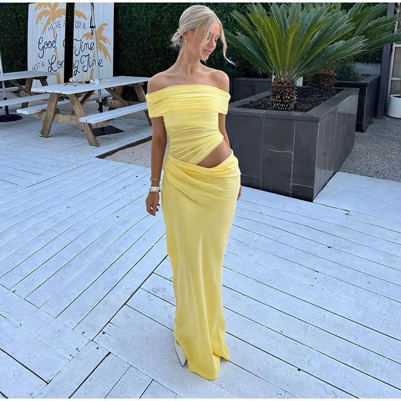 LIZAKOSHT  -  Elegant Sexy Long Dress Women Off Shoulder Hollow Out Sleeveless Patchwork Mesh Robe Female 2025 Spring Summer Chic Solid Robe