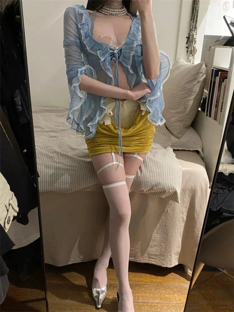 LIZAKOSHT  -  Two Pieces Set Halter Lace Patchwork Slim Sweet Bandage Blouse + Women Y2k Aesthetic Streetwear Pleated Grunge Mini Skirts
