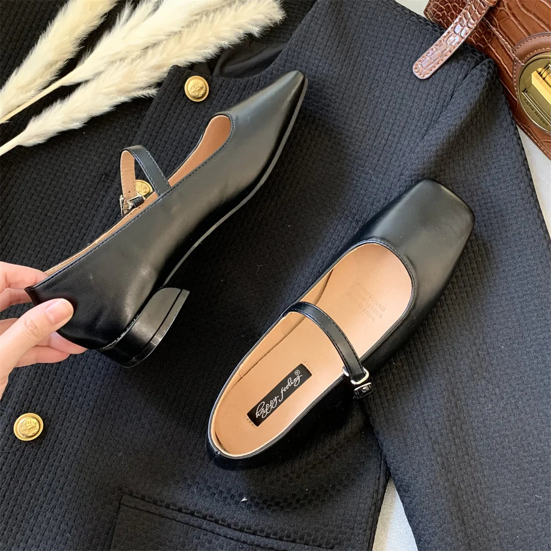 LIZAKOSHT  -  Strap Women flats square toe silver leather loafers shoes for women ladies mary janes shoes thick heel zapatos mujer