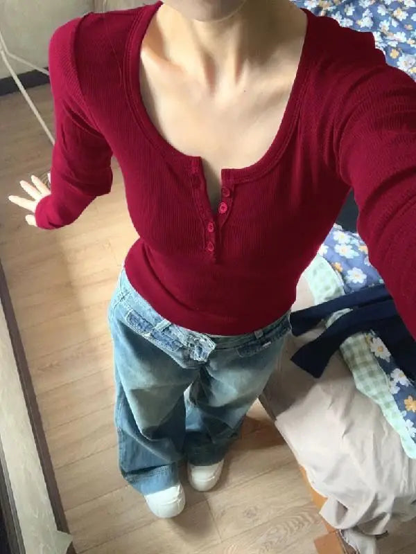 LIZAKOSHT  -  Autumn Sexy Versatile Red Long-sleeved T-shirt for Women Autumn and Winter Unique Hot Slim Fit Button Top for Small Women