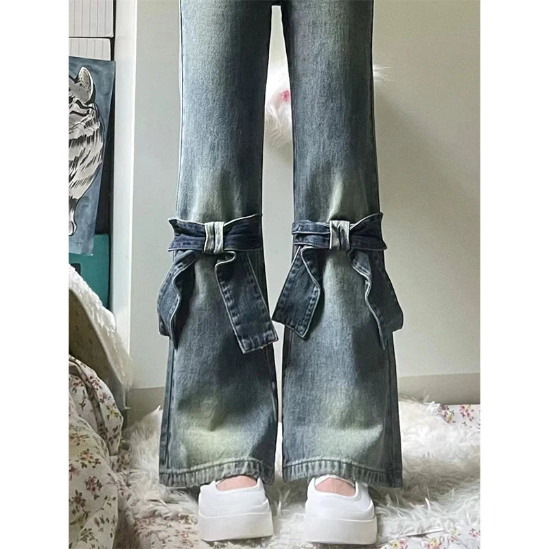 LIZAKOSHT  -  Y2K 2000S Flare Jeans Women Vintage High Waist Bow Denim Pants Summer Japanese Harajuku Baggy Design Wide Leg Trousers New