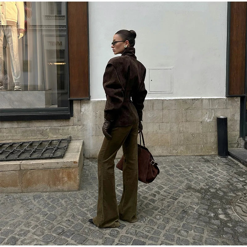 LIZAKOSHT  -  Retro Brown Lace Up Shorts Suede Jacket Elegant Female Lapel Long Sleeves Slim Coats Autumn Chic Lady High Street Outwear