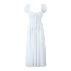 LIZAKOSHT  -  Summer Women Sexy Backless Long Dress Vintage Puff Sleeve Elastic Waist Female Holiday Party Robe Black White