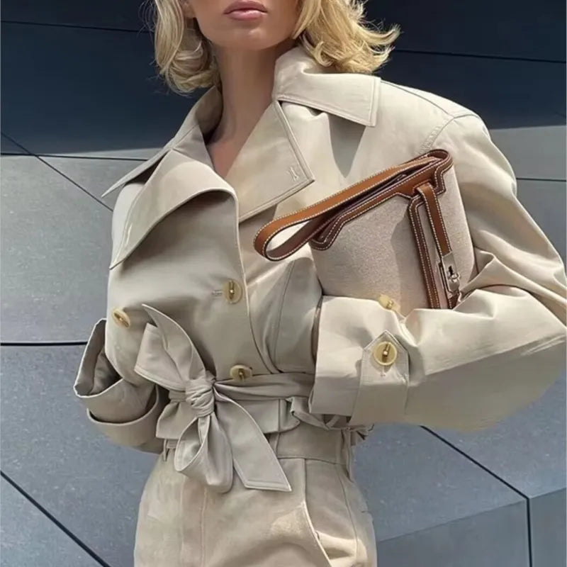 LIZAKOSHT  -  Fashion Simple Cropped Windbreaker Jackets Women New Spring Belt Long Sleeve Double Breasted Coats Solid Casual Short Coats