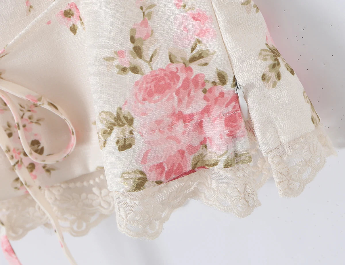 LIZAKOSHT  -  Sexy Pink Floral Print Bow Collar Elastic Strap Tank Top Slim Corset Women Lacing up Sashes Back Lace Hem Side Zipper Crop Vest