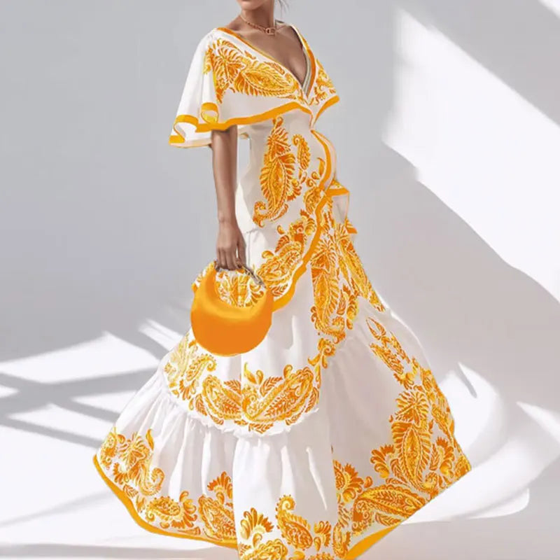 LIZAKOSHT  -  Women Casual Short Sleeve Pleated Long Dress 2025 Fashion Pattern Print Party Dress Elegant Deep V-neck Ruffle Bohemian Dresses