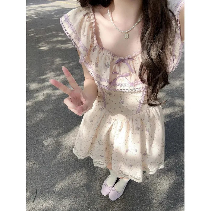 LIZAKOSHT  -  Floral Print Mini Dress Women's French Style Puffy Sleeve Fresh Gentle Short Skirt Pure Desirable Sexy Casual Daily Wear