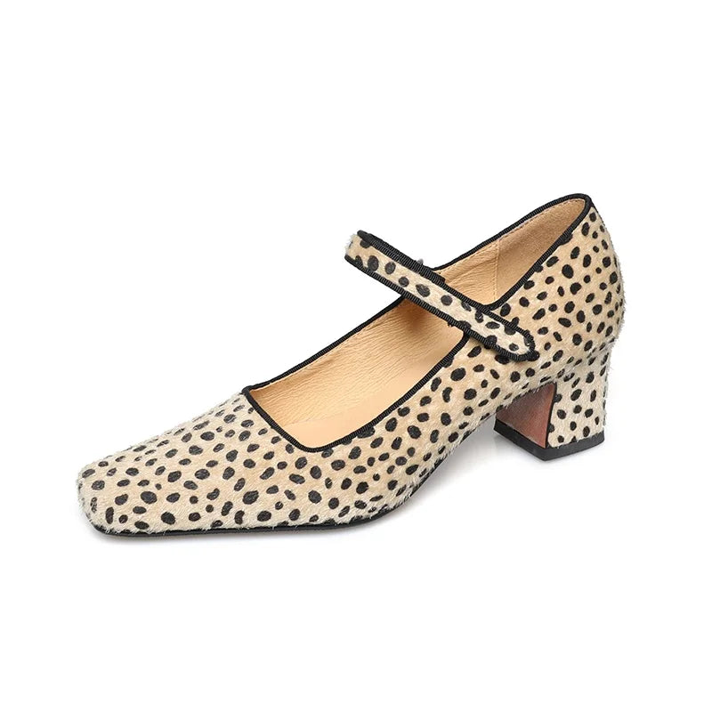 LIZAKOSHT  -  Fashion Pumps High Quality Square Head Shallow Mouth Thick Heel Leopard Pattern High Heels Mary Janes Women Heels Shoes