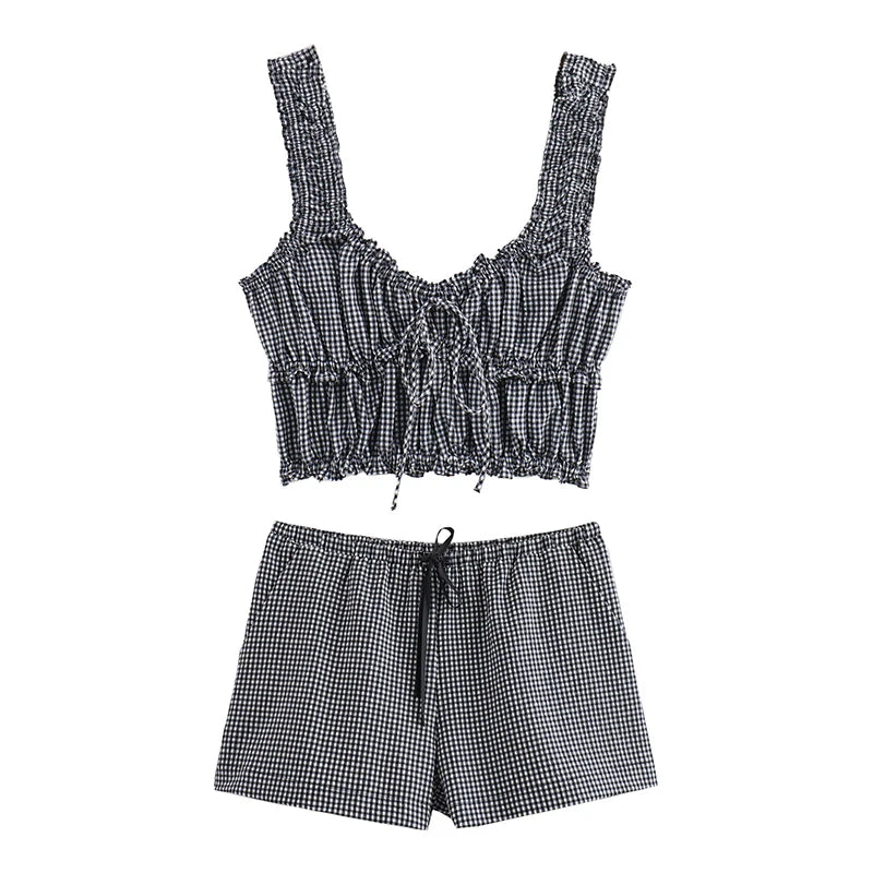 LIZAKOSHT  -  Summer Women Drawstring Mid Waist Casual Plaid Shorts