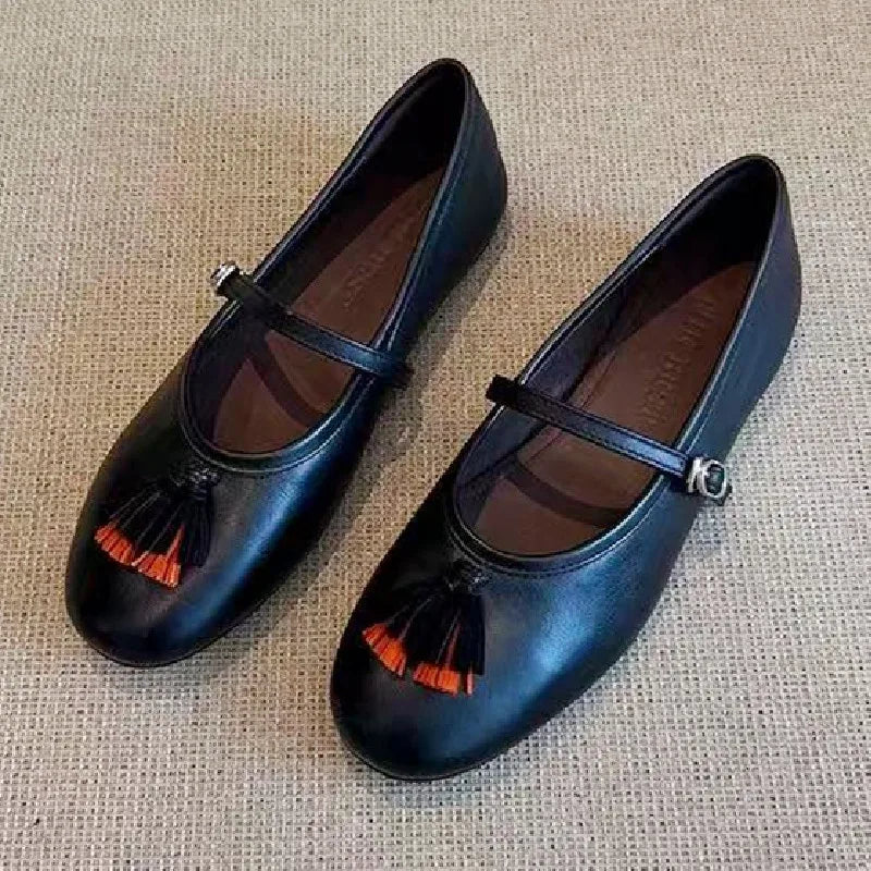 LIZAKOSHT  -  Fashion Tassel Decoration Ballet Flats Women Soft Leather Buckle Round Toe Mary Jane Shoe Comfort Shallow Designer Loafers Pumps
