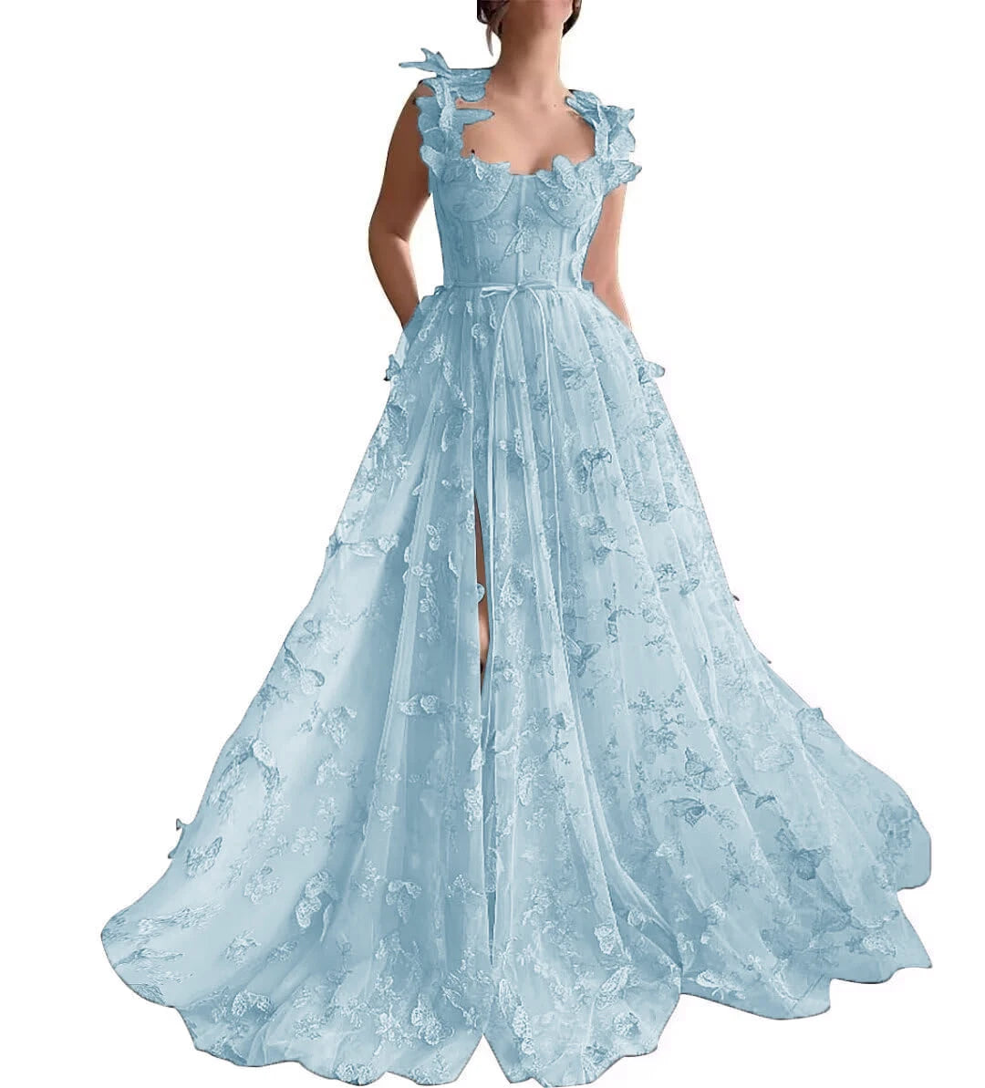 3D Butterfly Tulle Prom Dresses for Women 2024 Lace Applique Princess Long Ball Gown with Slit Graduation School Party Gown