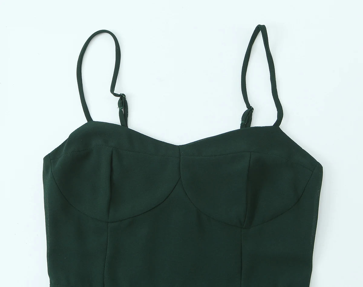 LIZAKOSHT  -  French Style Retro Dark Green V neck Corset Style Sling Dress Women Elastic Back Ruffles Hem Short Dresses Summer Robe Vestidos
