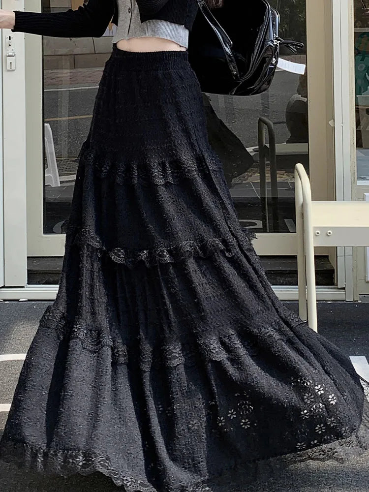 Lizakosht White Lace Long Skirt Women Vintage Fashion Hollow Out Cake Skirts Female Korean Casual Midi Dress Autumn Slim Ruffles Skirt
