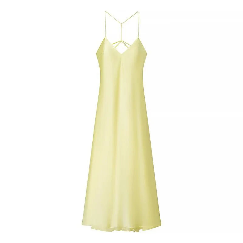 LIZAKOSHT  -  Silk Satin Glossy Slip Dress V-Neck Solid Color Drape Suspender Slim Fit Sexy Backless Strap Robes Women Halter Long Dresses