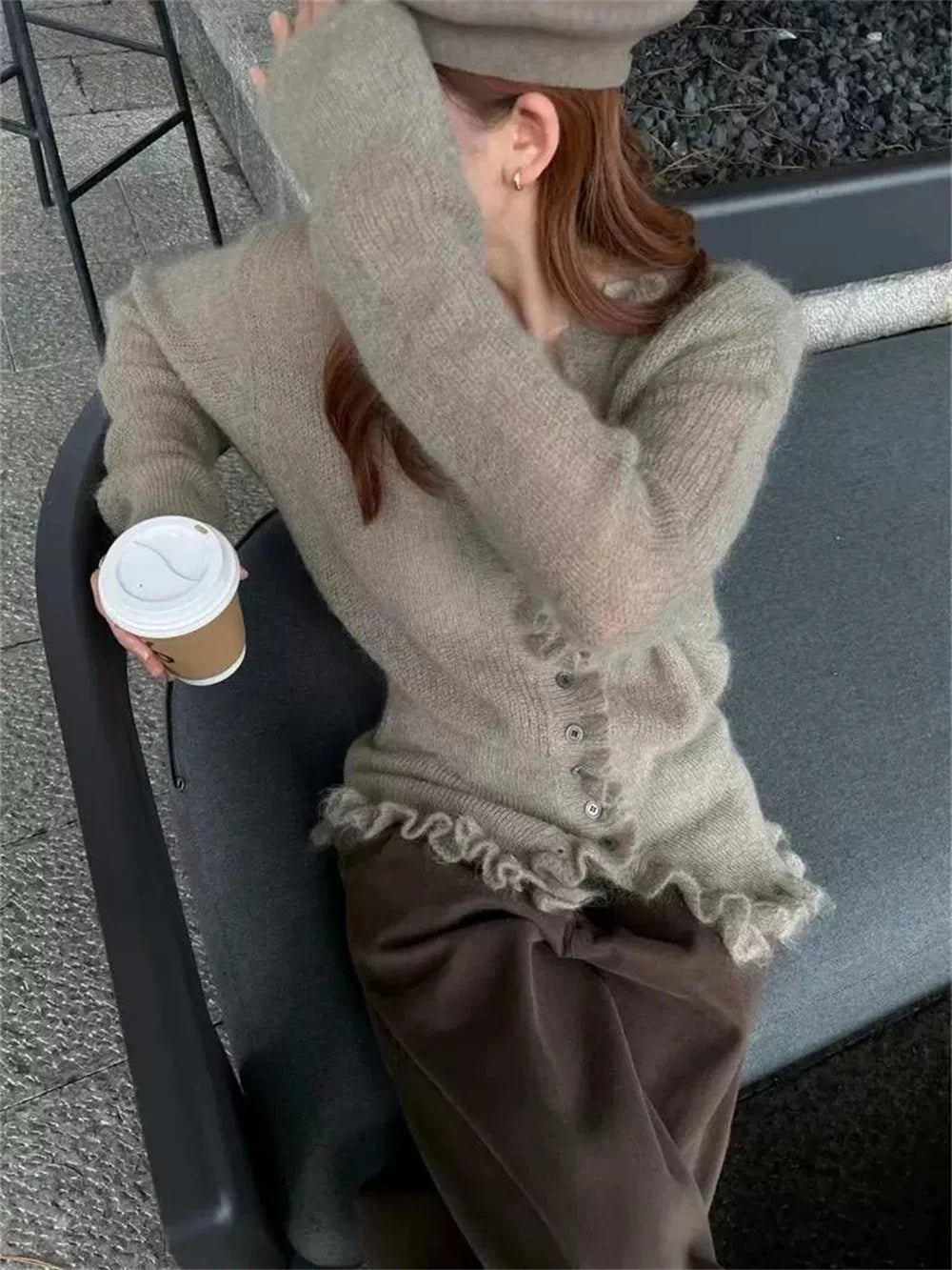 LIZAKOSHT  -  Korean Style Spring Autumn V-neck New Waist Ruffle Sweater Cardigan for Women Slim Knit Sweater Oversized Cardigans Tops