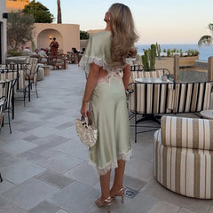 LIZAKOSHT  -  Irregular Lace-Paneled Dress Women's Round Neck Fashion Loose Midriff-Baring Sexy Dress Summer New Female Commuting Dress