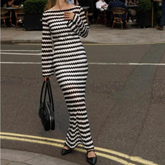 LIZAKOSHT  -  2026 Women's New One-word Neck Split Skirt Slim-fitting Striped Long-sleeved Knitted Dress Women