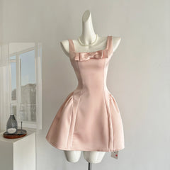 LIZAKOSHT  -  Summer Women Ballet Core Preppy Bow Satins A-line Dress Mini Frocks Backless One-Piece Evening Party Shoujo Gyaru Old Money
