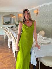 LIZAKOSHT  -  Chic Satin Slip Long Dress For Women Cowl-neck Sleeveless Side Split Hip Package Robe 2025 Summer Elegant Female Party Dresses