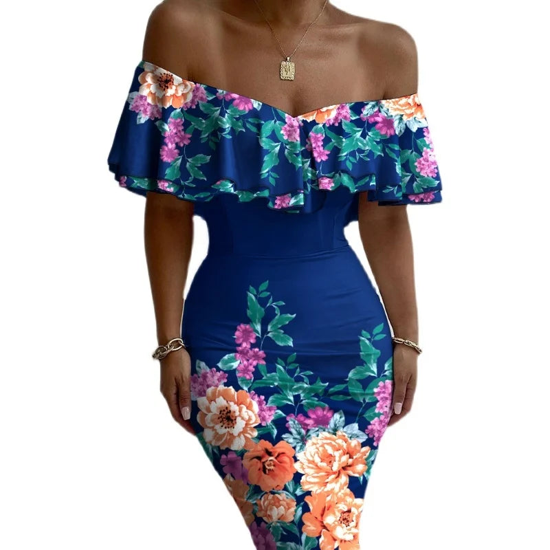 LIZAKOSHT  -  Floral Print Off-oulder Ruffle Hem Dr Street Sle High Waist Polyester Fiber ort Sve  Summer Dr
