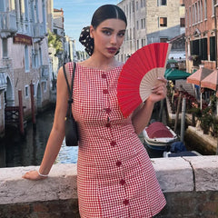 LIZAKOSHT  -  Women Red Plaid Sleeveless Buttons Short Dress Elegant Fashion Lady Streetwear Summer Y2K Sexy Crew Neck Mini Dresses